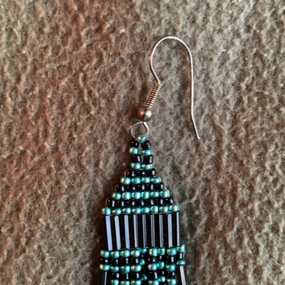 Handmade Native American beaded earrings.  Turquoise and black. Approx 3” long - Picture 3 of 4